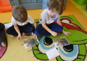 Dwójka dzieci siedzi na dywanie, każde dziecko układa obrazek z części przedstawiający dinozaura.